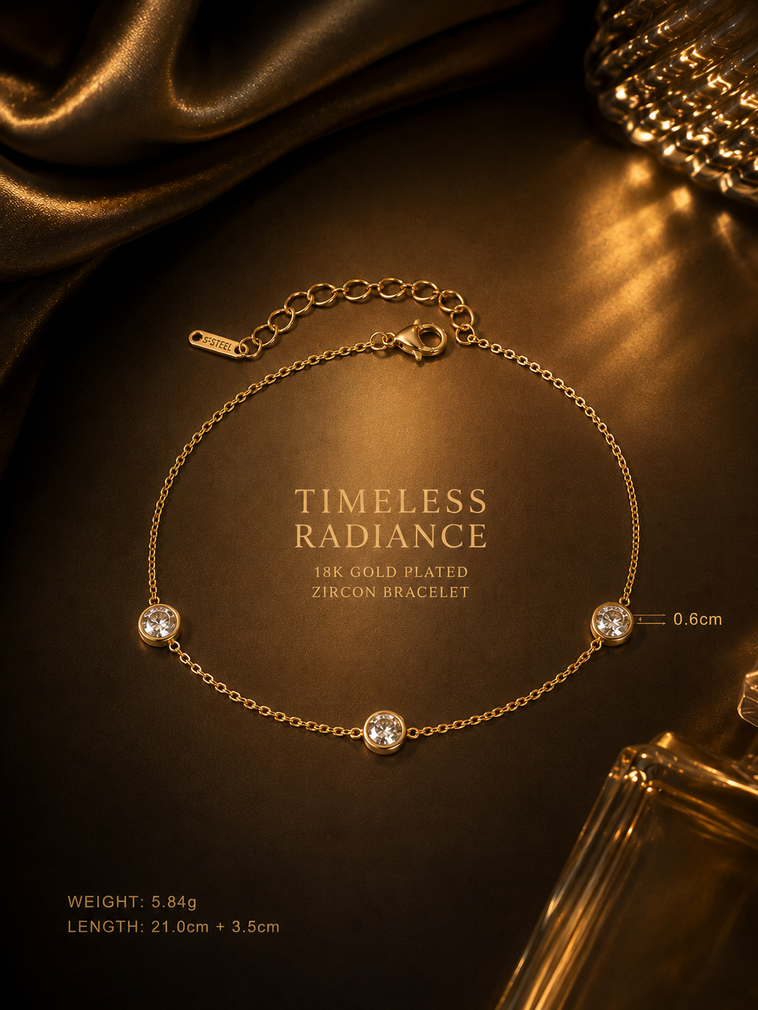Bracelet & Necklace:  Zircon 18K Gold Plated Stainless Steel Bracelet and Necklace Set.