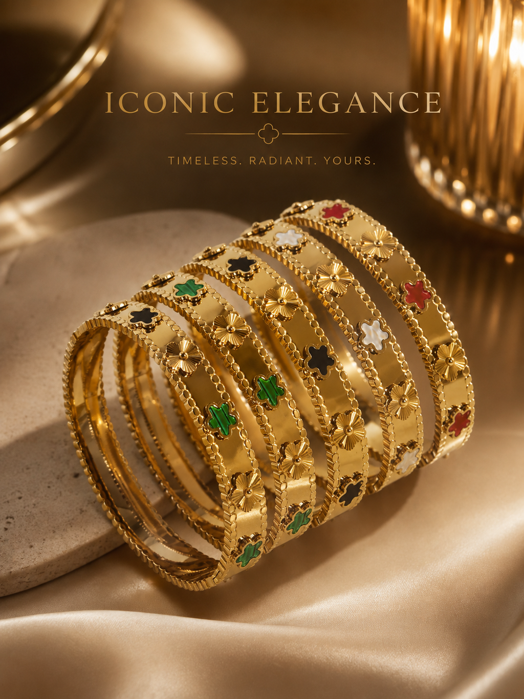 Bangles: Clover Stainless Steel 18K Gold-plated Adjustable Bracelet