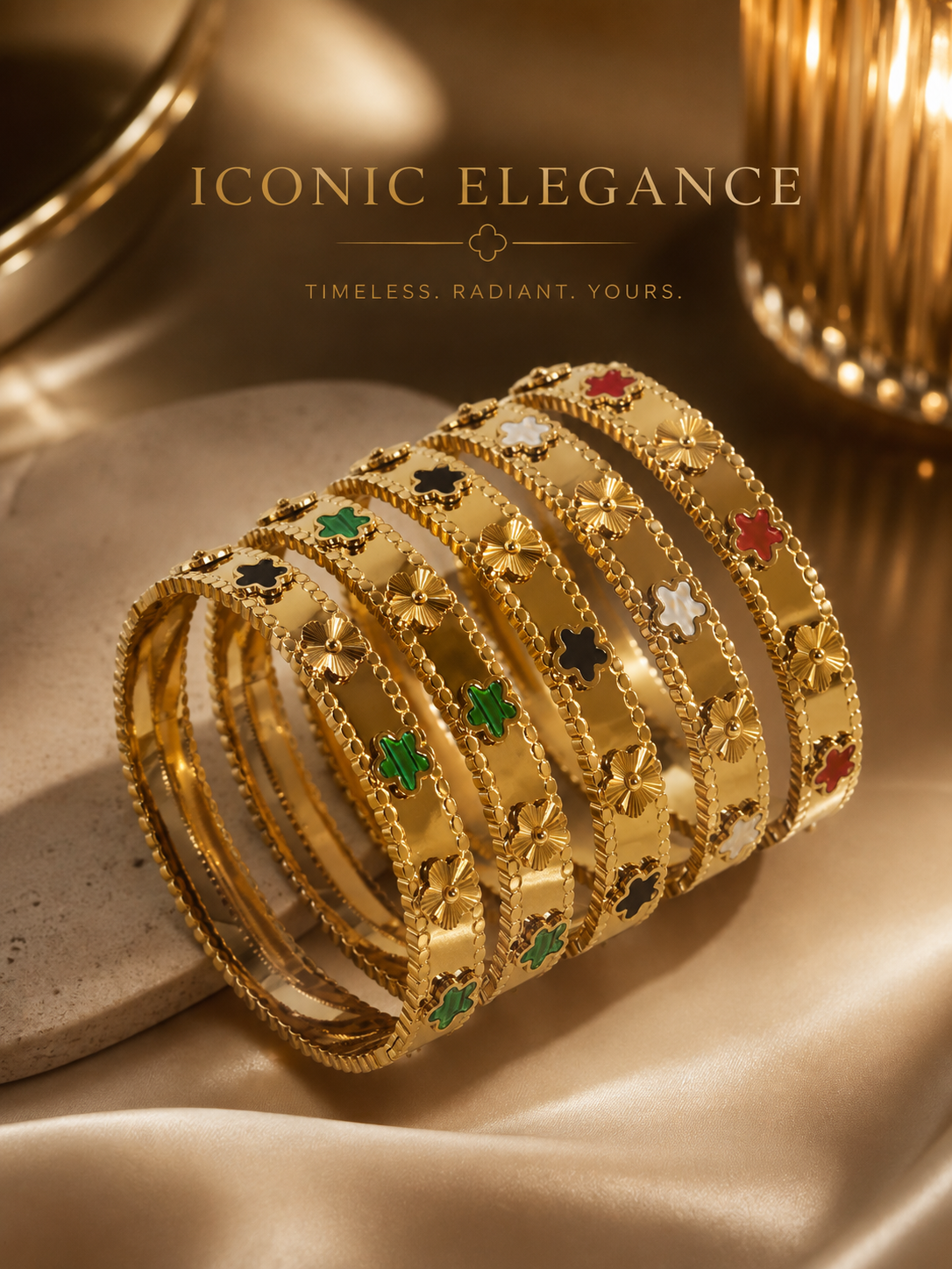 Bangles: Clover Stainless Steel 18K Gold-plated Adjustable Bracelet