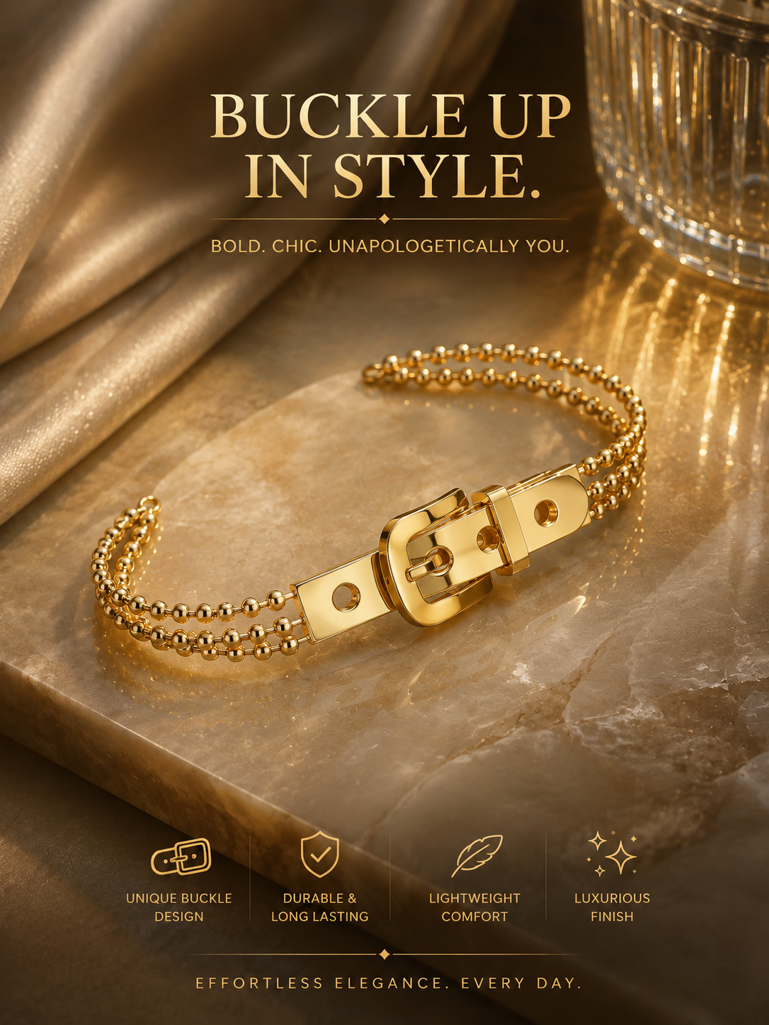 Bracelets: Buckle Strap Charm Gold Bracelets Stainless Steel.