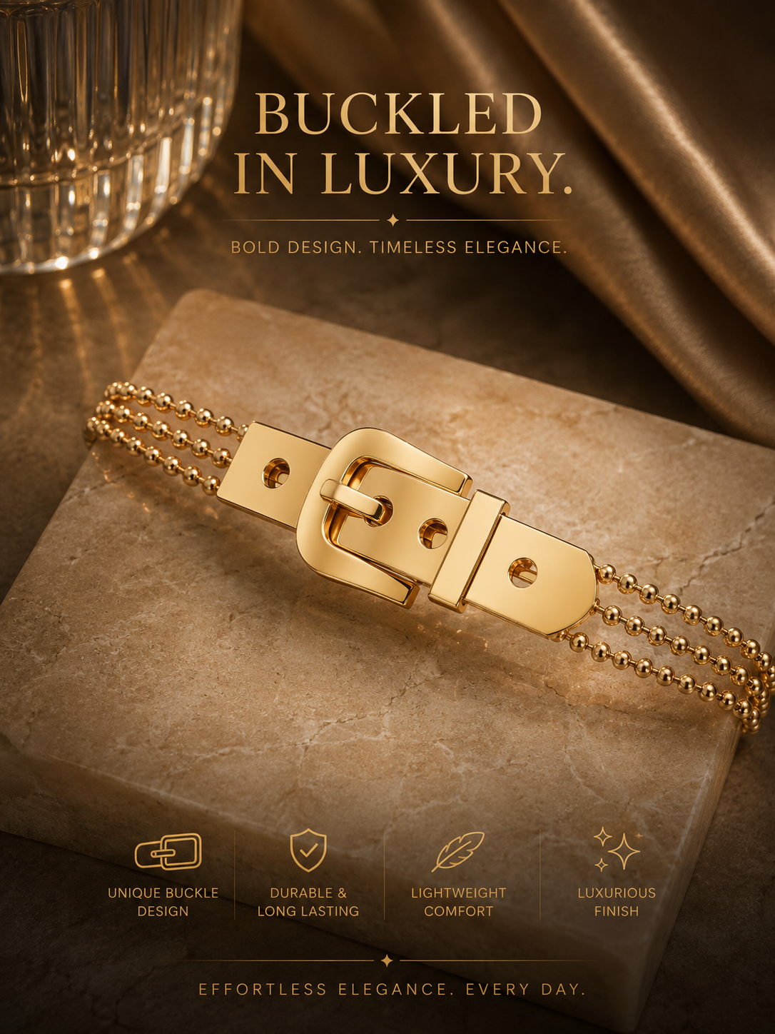 Bracelets: Buckle Strap Charm Gold Bracelets Stainless Steel.