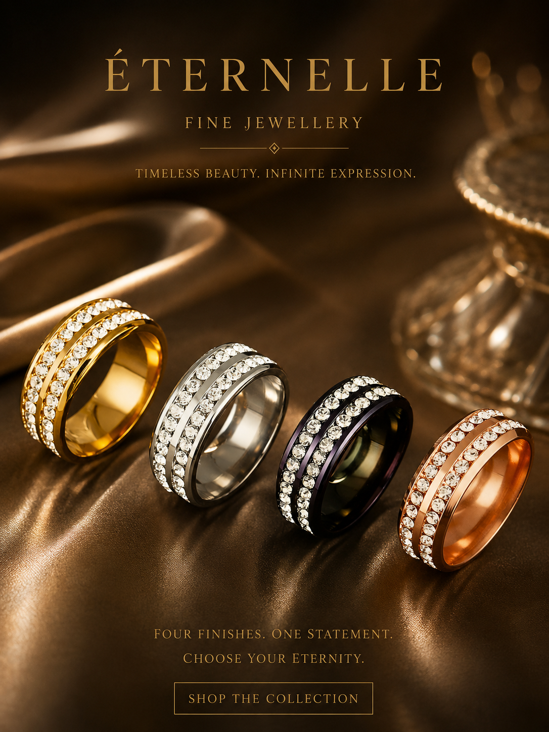 Rings: Diamond Double Row Titanium Steel Stainless Steel Ring