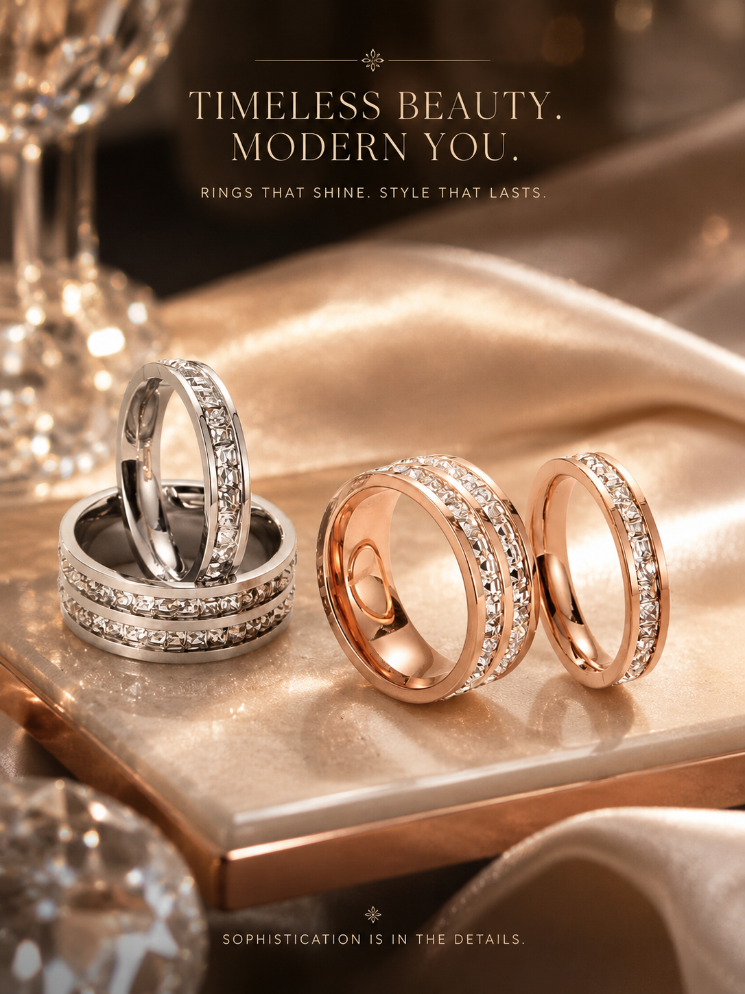 Rings: Titanium Steel Single And Double Row Zircon Ring.