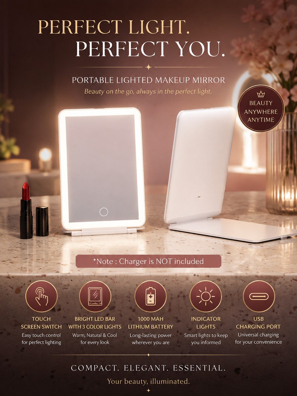Foldable, Touch On/Off Led Light Mirror.