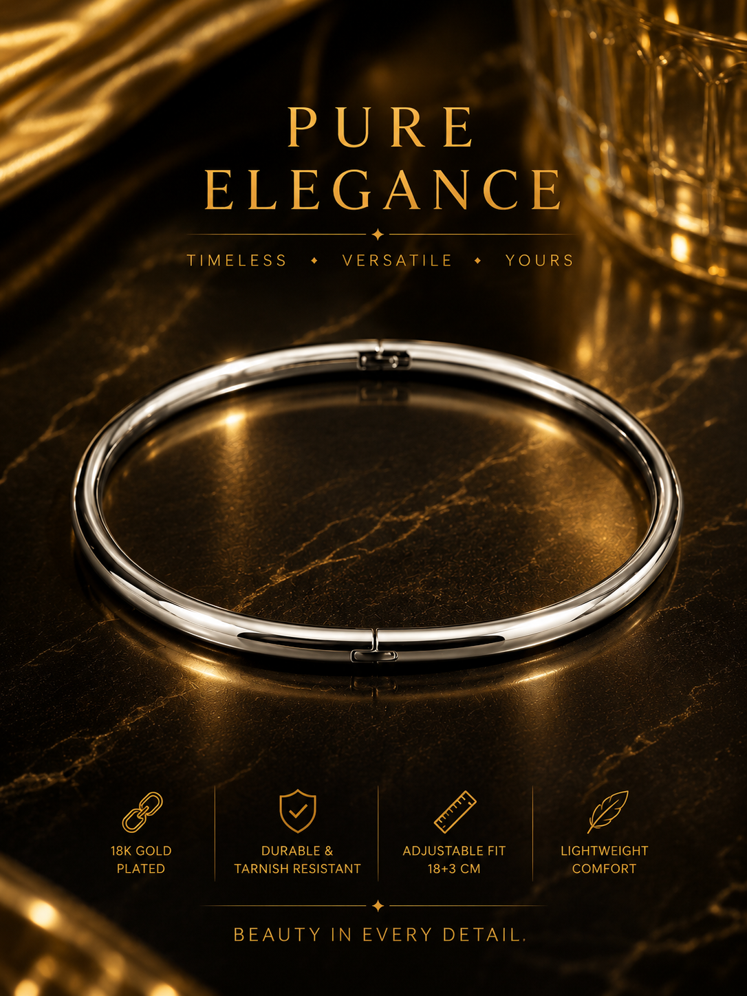 Bangle Bracelet Plain. 18K Gold Plated Stainless Steel.